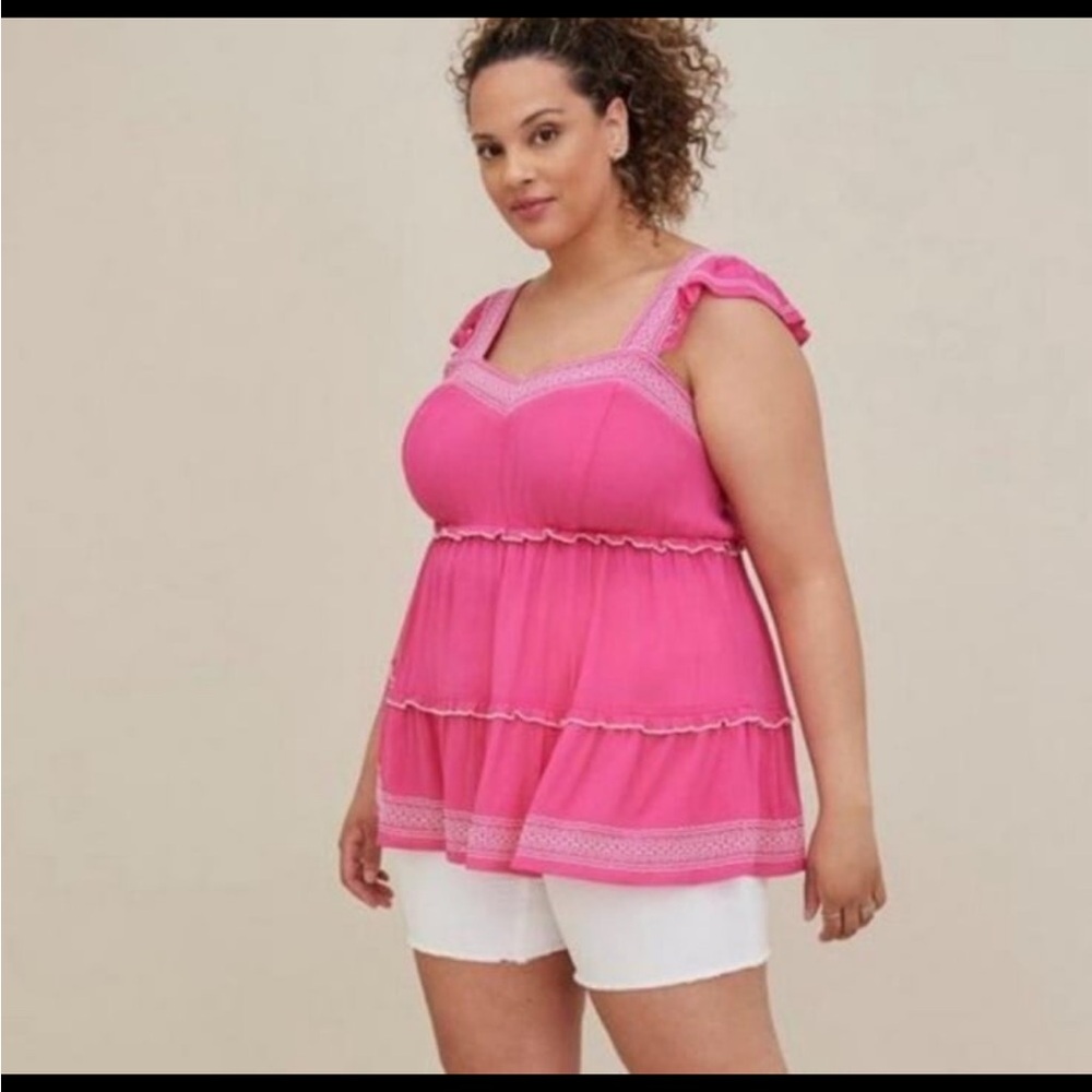 Torrid Babydoll Crinkle Gauze Embroidered Tiered Top - Barbie pink - Picture 2 of 7